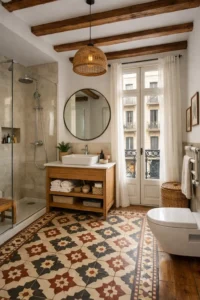 Estancia reformada con techo de vigas de madera vistas, lámpara de mimbre y baño con ducha